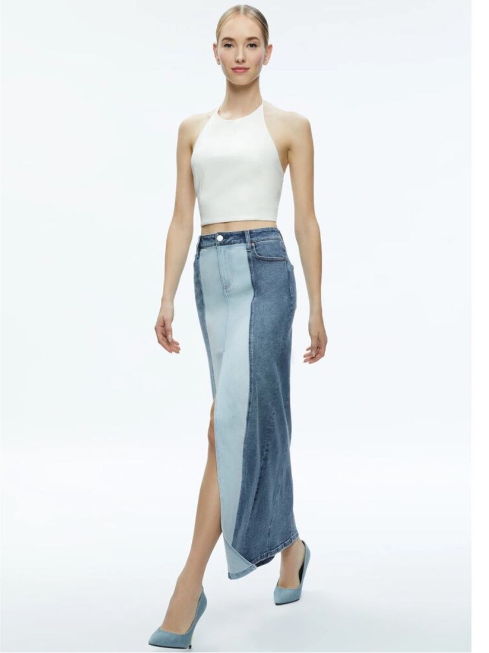 Alice + Olivia Skirt Rye Maxi in Two Tone Blue Denim - Picture 2 of 11